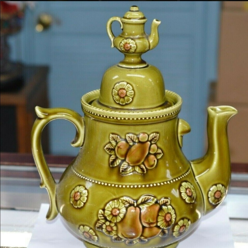 Pear Green Double Tea Pot 13” Ceramic Cookie Jar